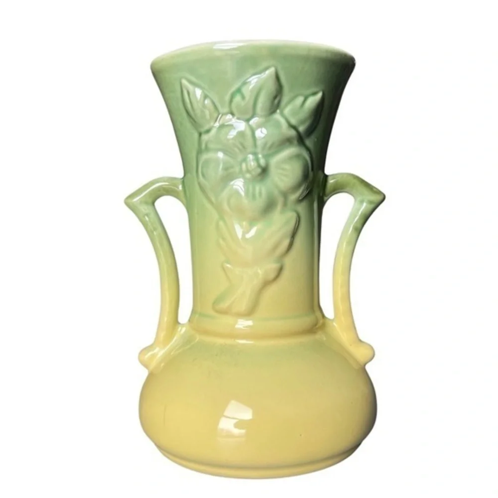 60's Cameron Clay 8 inch Dogwood Vase Green to Yellow Ombre Embossed Motif